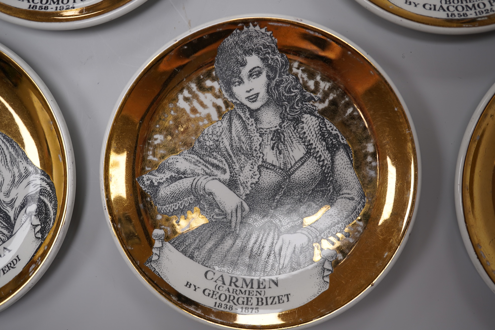 Fornasetti, a group of five operatic coasters, ‘Melodramma’ to include Otello and Desdemona, 10cm in diameter